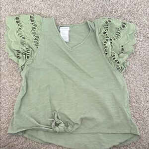 Tahari Sage Green V-Neck Top with Eyelet Flutter Sleeves